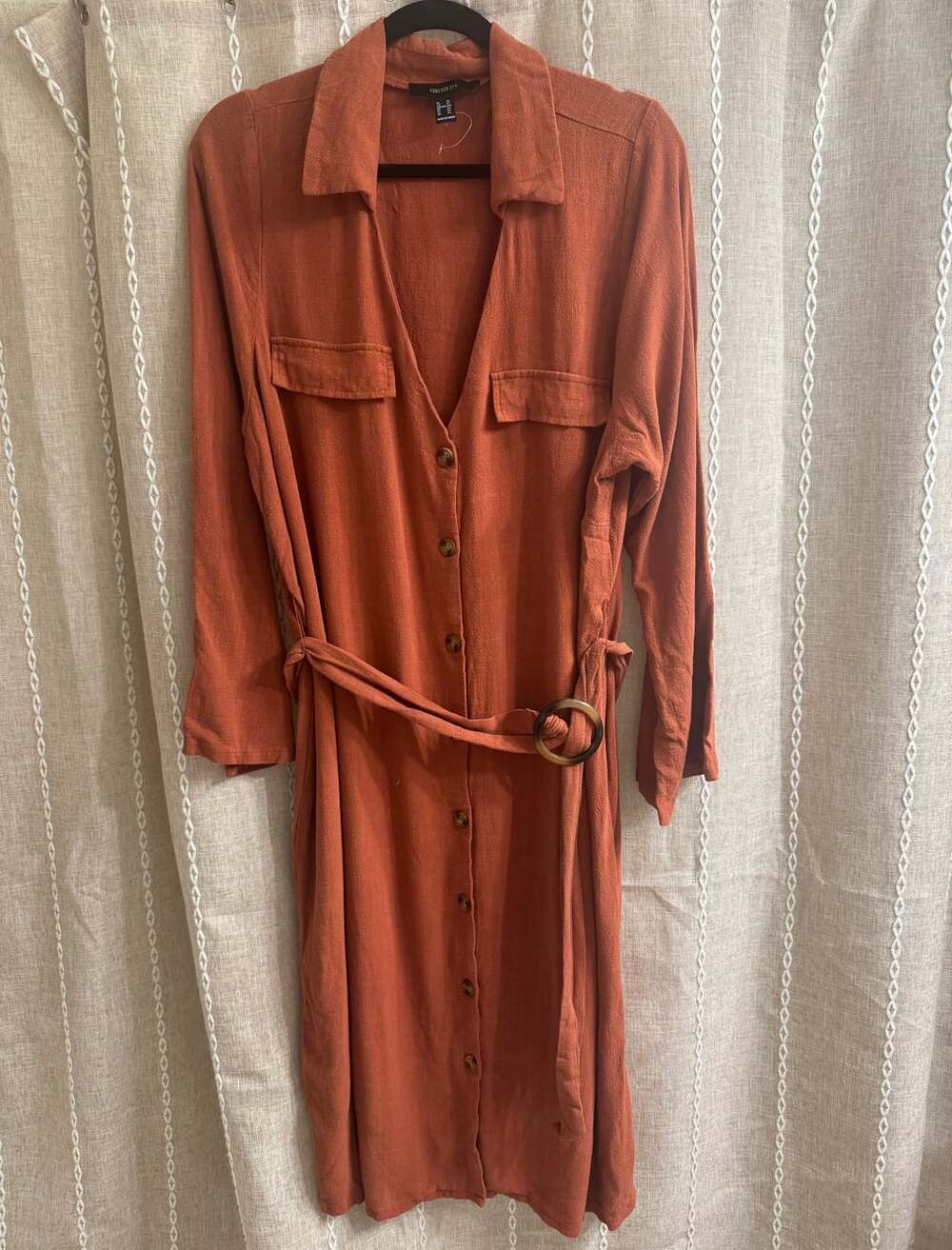 Forever 21+ Rust Button-Front Shirt Dress | Size 3X | Linen Blend Belted Midi Dr